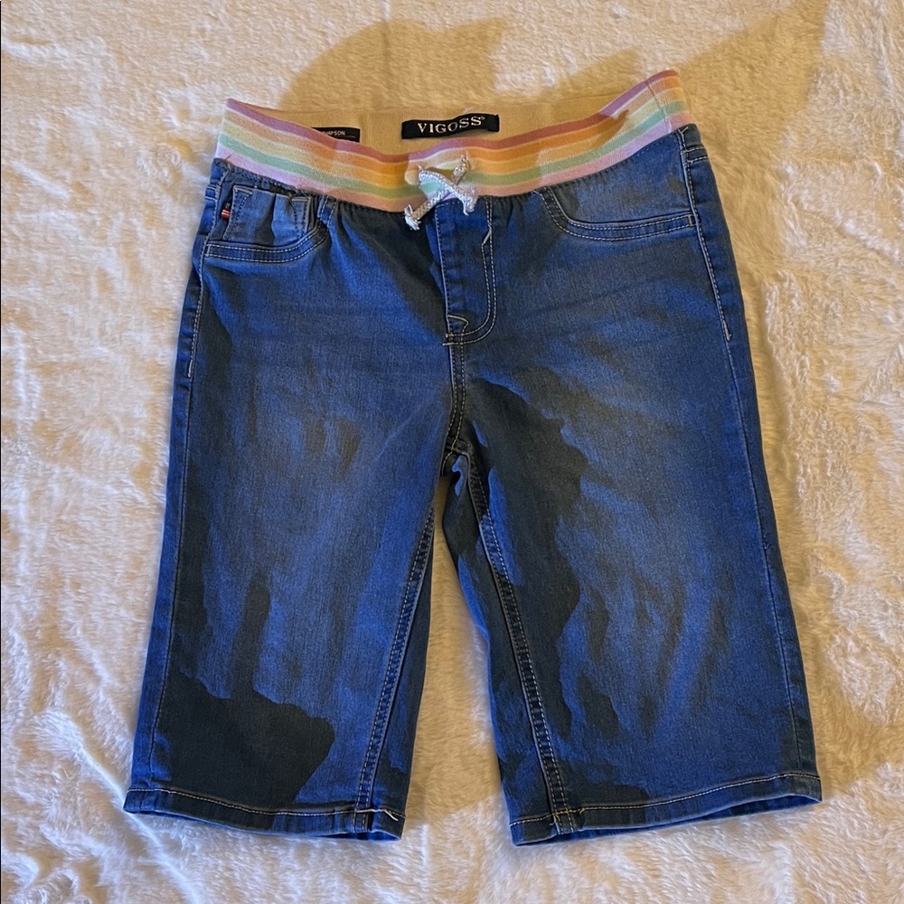 Vigoss Blue Denim Shorts with Rainbow Elastic Waist SZ L  12-14